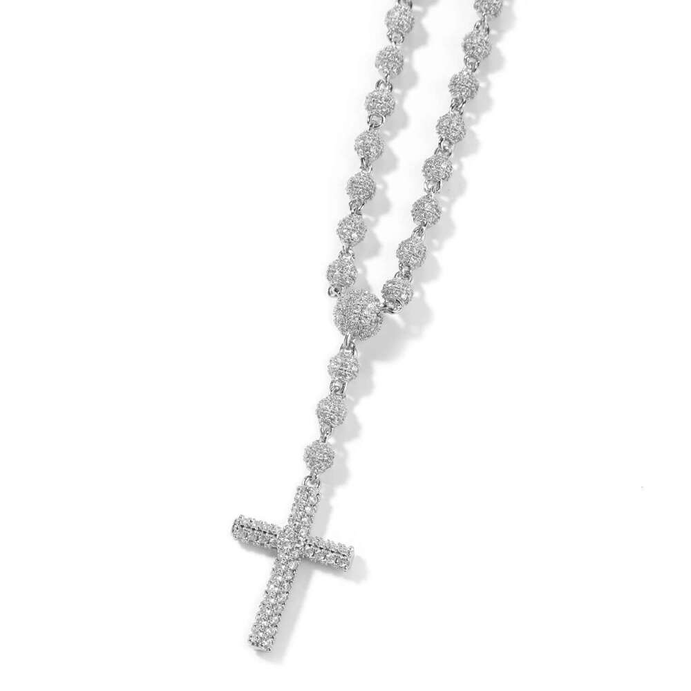 Vintage Moissanite Jewelry New Style 5mm Round Bead Cross Necklace Rosary Collarbone Chain Niche Hip Hop Accessories