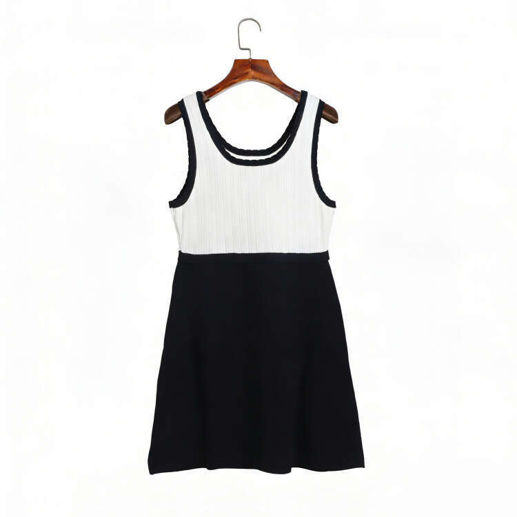2026 summer designer black and white color blocked sleeveless knitted k30 small fragrance contrasting color slim fit A-line sk mid length skirt