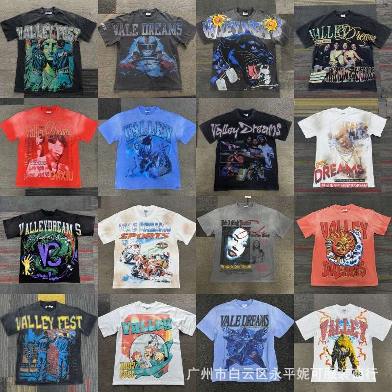 American Hip-Hop Valley Dreams Washed Vintage Print Rhinestone Casual Loose Short-Sleeve T-Shirt designer handbag VALE Cross-Border
