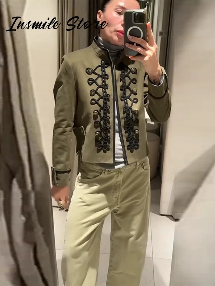 Vintage Napoleon Military Jacket Women Stand Collar Braided Frog Closure Cropped Coat 2026 Spring Fashion Street Outerwear 260321