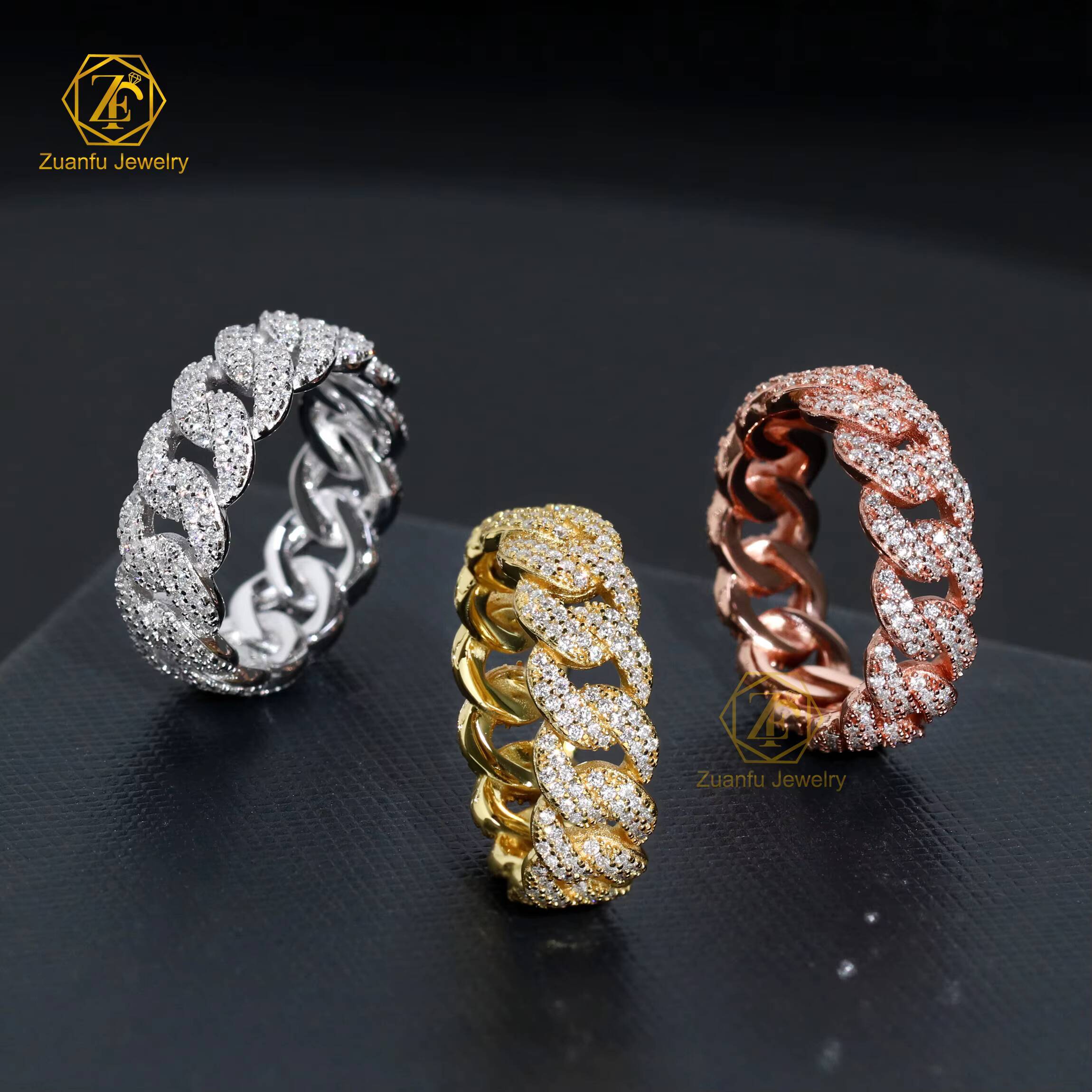 Factory Direct High Quality Hip Hop 7MM Two Rows 925 Sterling Silver VVS1 Moissanite Iced Out Cuban Ring