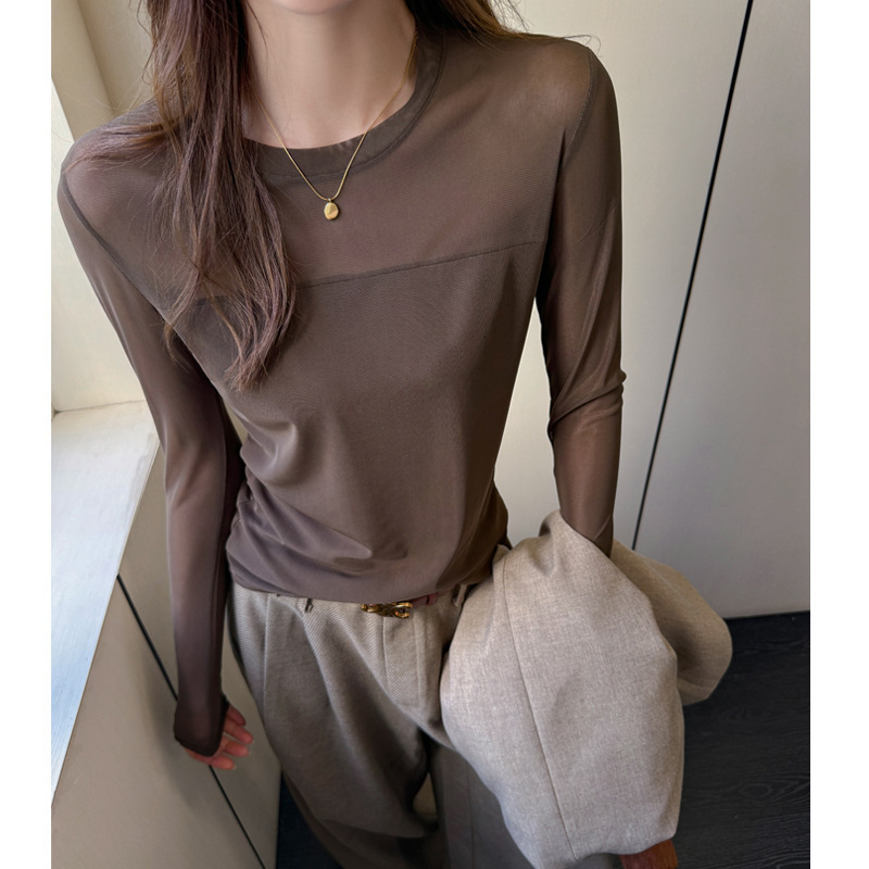 New Mesh Patchwork Round Polo Neck Designer Hoodie Long Sleeve Designer T-shirt T-shirt For Women Casual Base Shirt Autumn Winter High-end Feel Wearable Outerwear