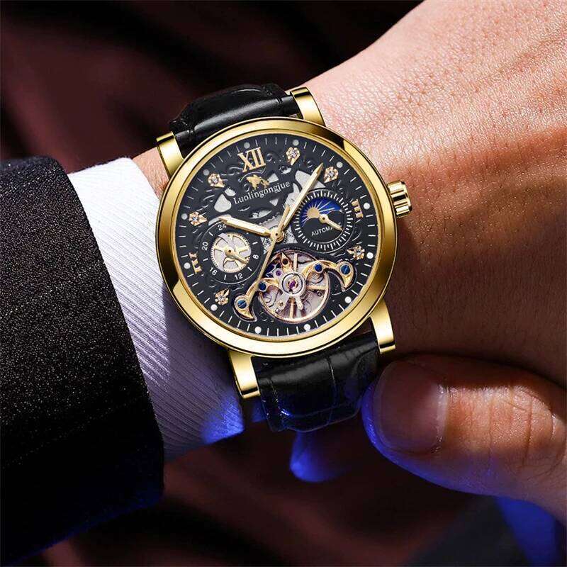 Luxury Skeleton Design Automatic Mechanical Men's High-End Business Stylish Multifunctional Watch Fashionable Young Men Student Korean Style Gift