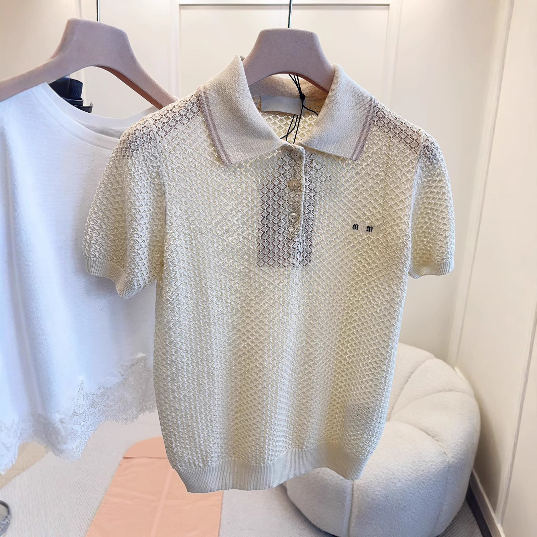 Designer Hoodie Polo High-end European Fashion Women's Clothing M Brand Collared Designer T-shirt Hollow Breathable Short-sleeve Knit T-shirt Top