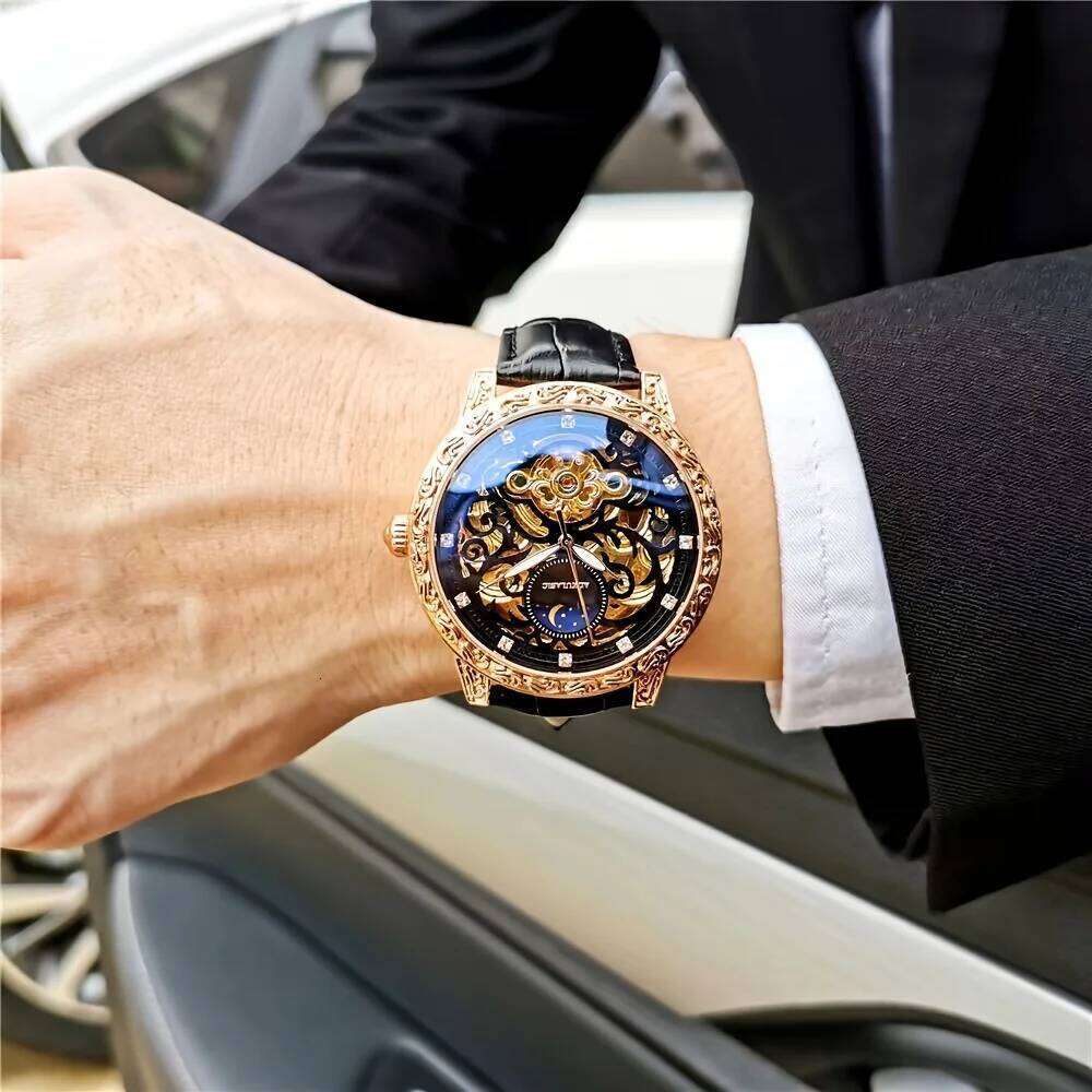 Cool, Popular, Best-Selling Men, Mechanical Watch with Hollow Design, Fashionable, Business Casual, Stylish, High-End, Light Luxury, Engraved Brand-Na