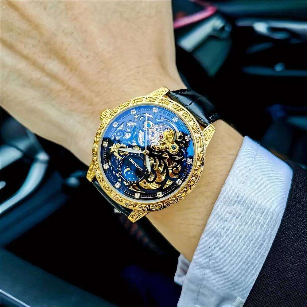 Cool, Popular, Best-Selling Men, Mechanical Watch with Hollow Design, Fashionable, Business Casual, Stylish, High-End, Light Luxury, Engraved Brand-Na