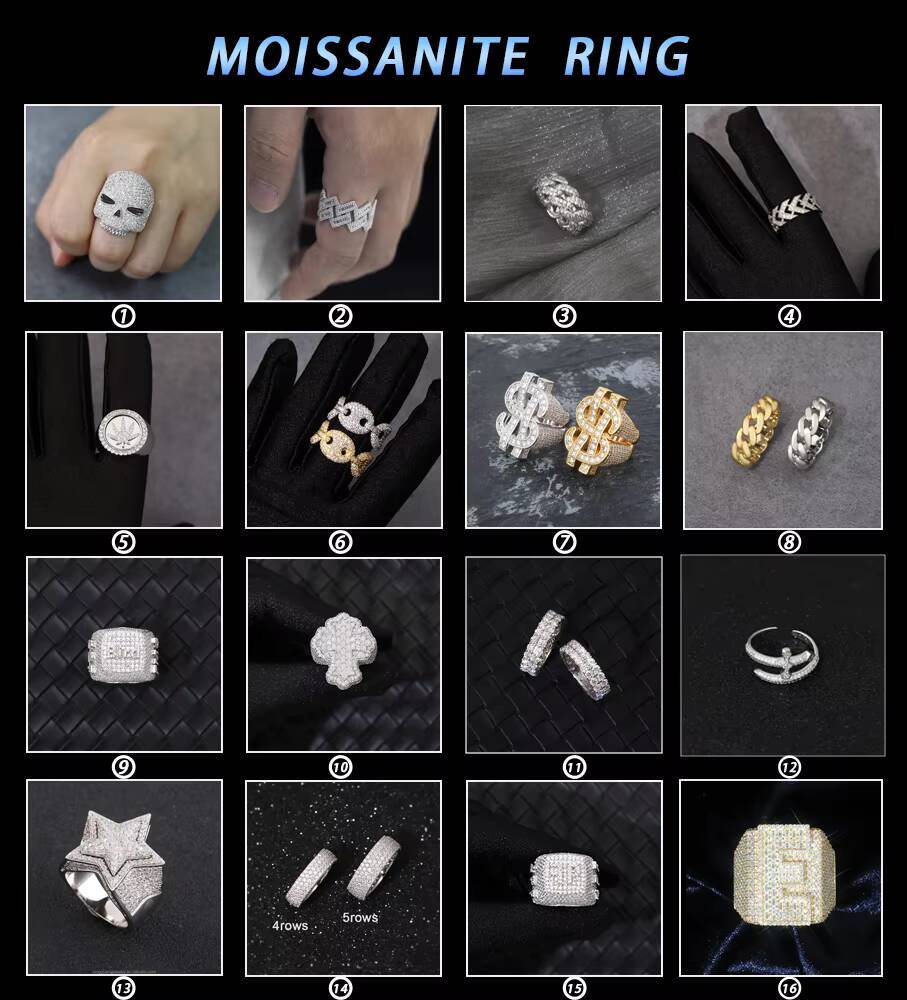 RTS Moissanite Cuban Ring Hip Hop Jewelry 925 Silver Ring for Men Women 2rows VVS Moissanite Cuban Ring