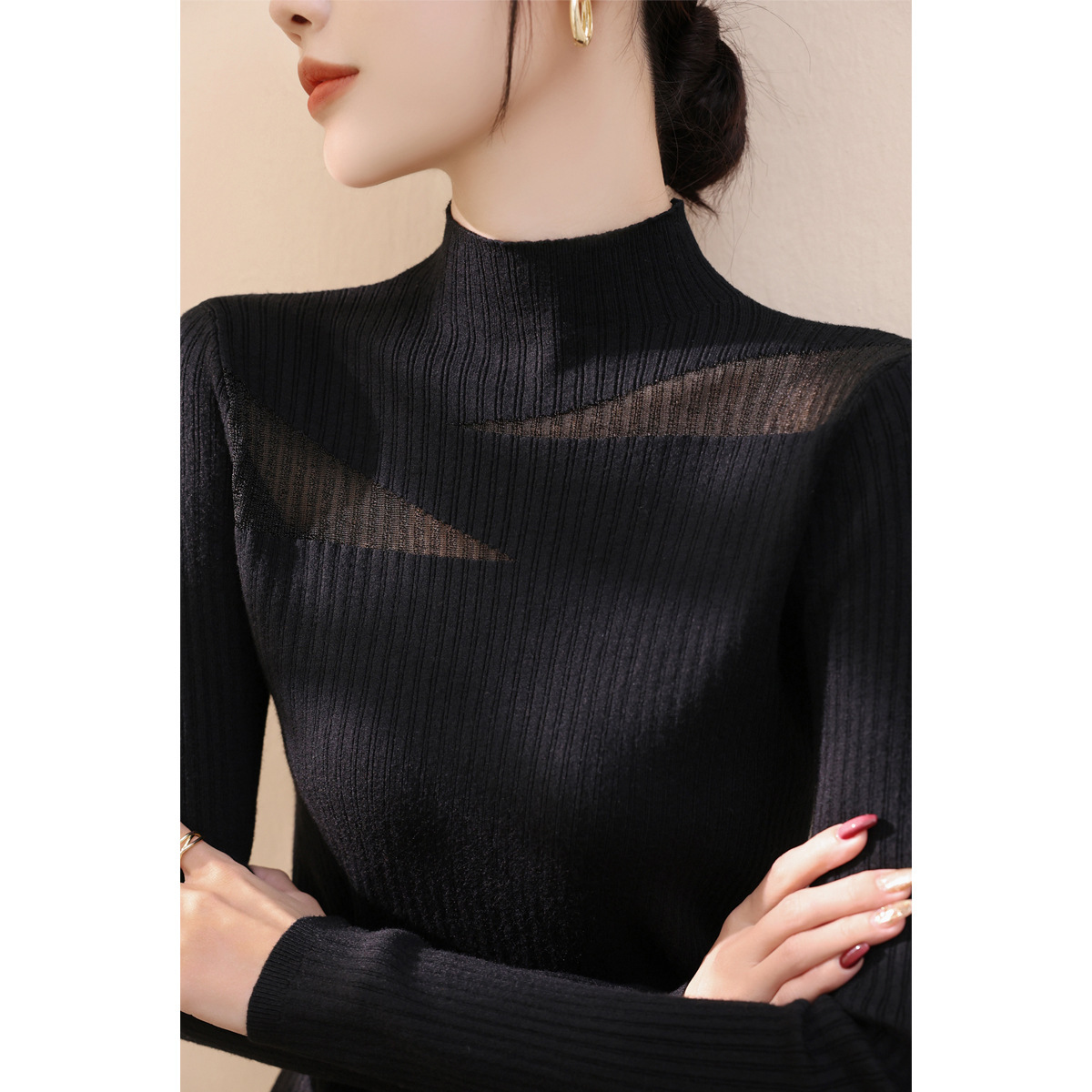Designer T-shirt Polo French-style Half-high Collar Patchwork Base Top Wool Autumn New Lace Mesh Hollow-out Knit Sweater Designer Hoodie For Women