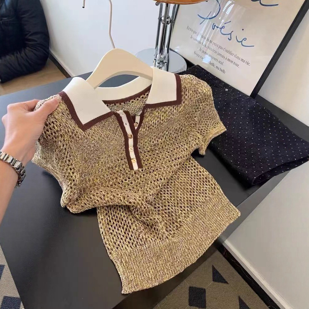 Polo Knitted Designer T-shirt Short-sleeve T-shirt For Designer Hoodie Women Short Regular Shoulder Hollow Out Top Summer Thin Light Luxury High-end Feel