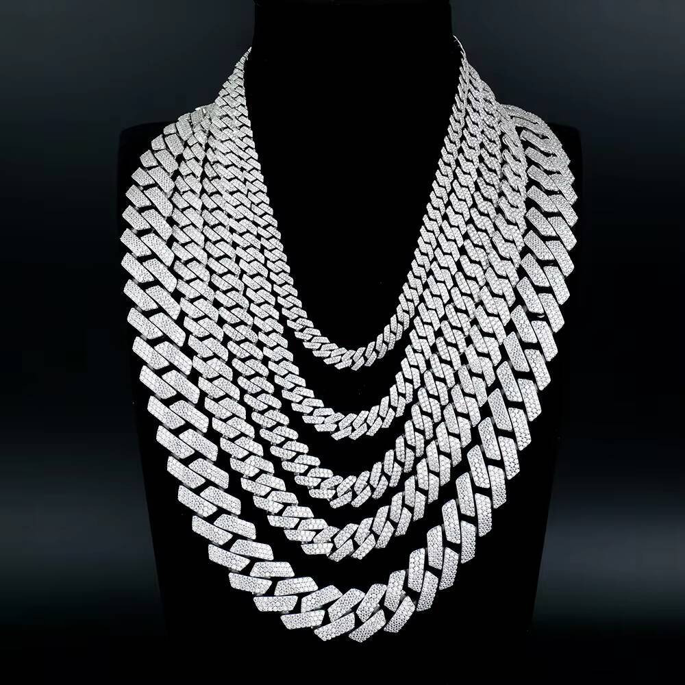 Hot Sale Hip Hop Style Iced Out 20mm Mosaic Set 925 Silver Moissanite Cuban Link Chain Necklace