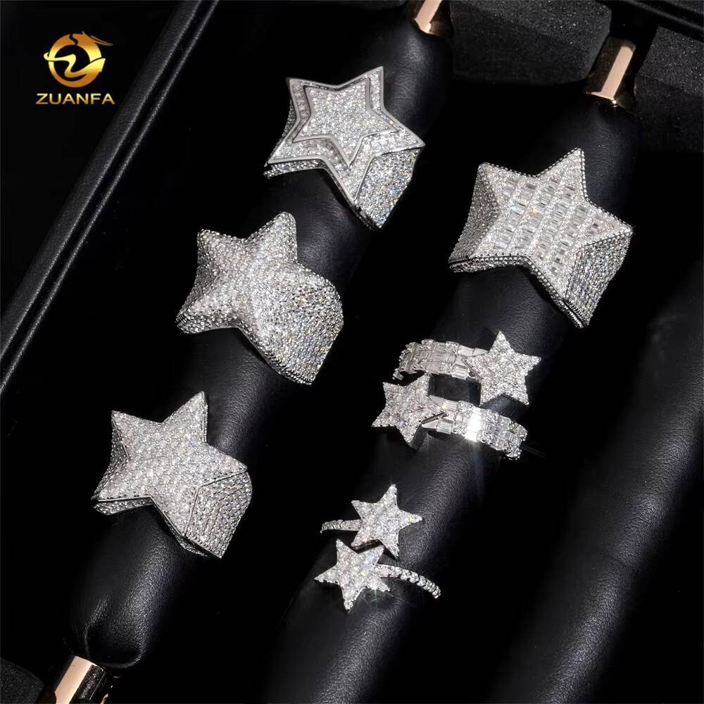 Hot Sale Instock Iced Out Star Moissanite Men Diamond Rings 925 Silver Hip Hop Ring Pass Diamond Tester Fashion Men Cuban Ring