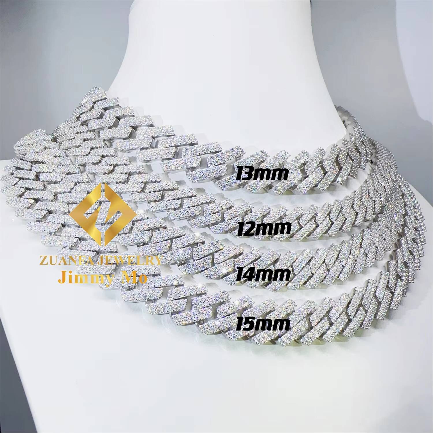 Hot Selling Pass Diamond Tester 925 Solid Silver 12mm 13mm 15mm Two Rows Iced Out Hip Hop VVS1 Moissanite Cuban Link Chain