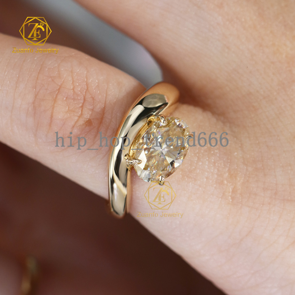 Oval Cut Curvy Design Champagne Moissanite Classic Wedding Ring 10K Gold 10ct Fine Jewelry Pinky Ring