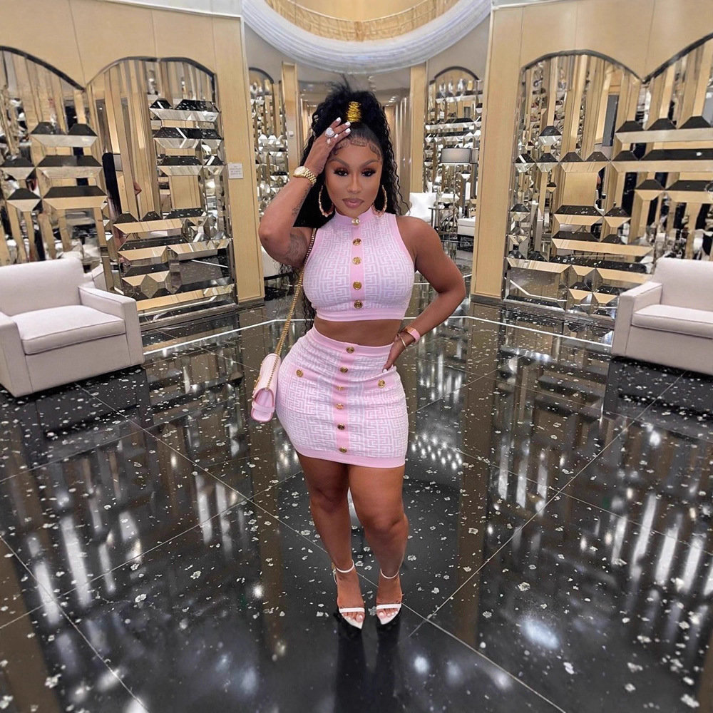 Luxury Brand Designer Clothes Foreign Rade European And American Fashion Women's Clohing, Round-Neck Sleeveless Shor Skir Se, Elasic Geomeric Pae