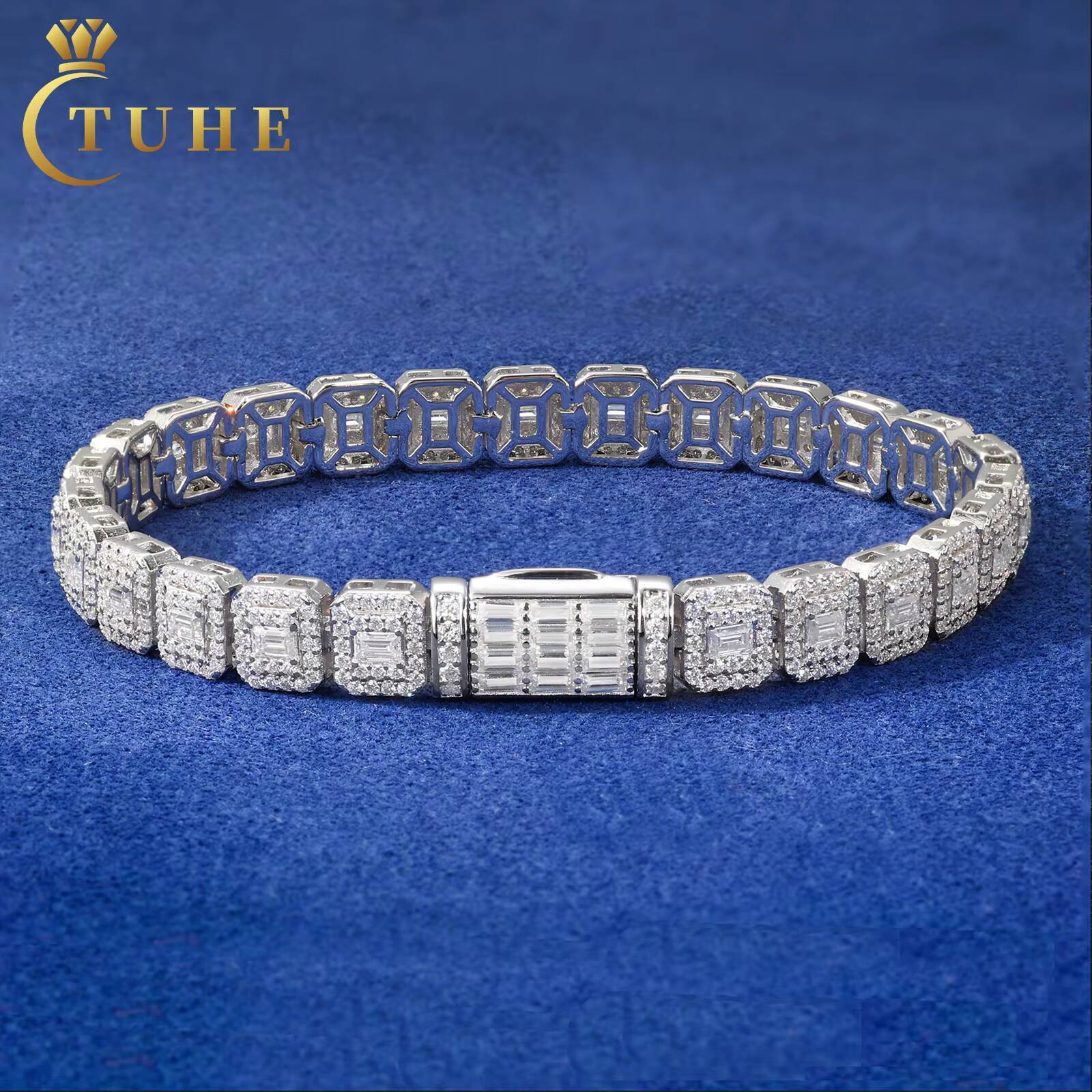 Hip Hop Jewelry 75mm White Gold 925 Silver Cluster VVS Baguette Moissanite Diamond Ice Out Tennis Bracelet for Men Women