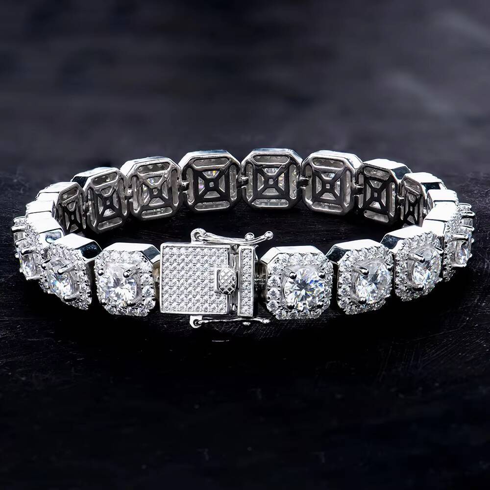 Hip Hop Gold Plated 925 Silver Tennis Chain Bracelet with Moissanite Square Rock Geometric Buckle and Cluster Statement Bangles