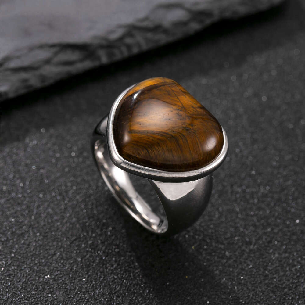 popular men's cast geometric tiger eye stone ring vintage high-end 925 Sterling Silver 18K Gold hand jewelry manufacturer