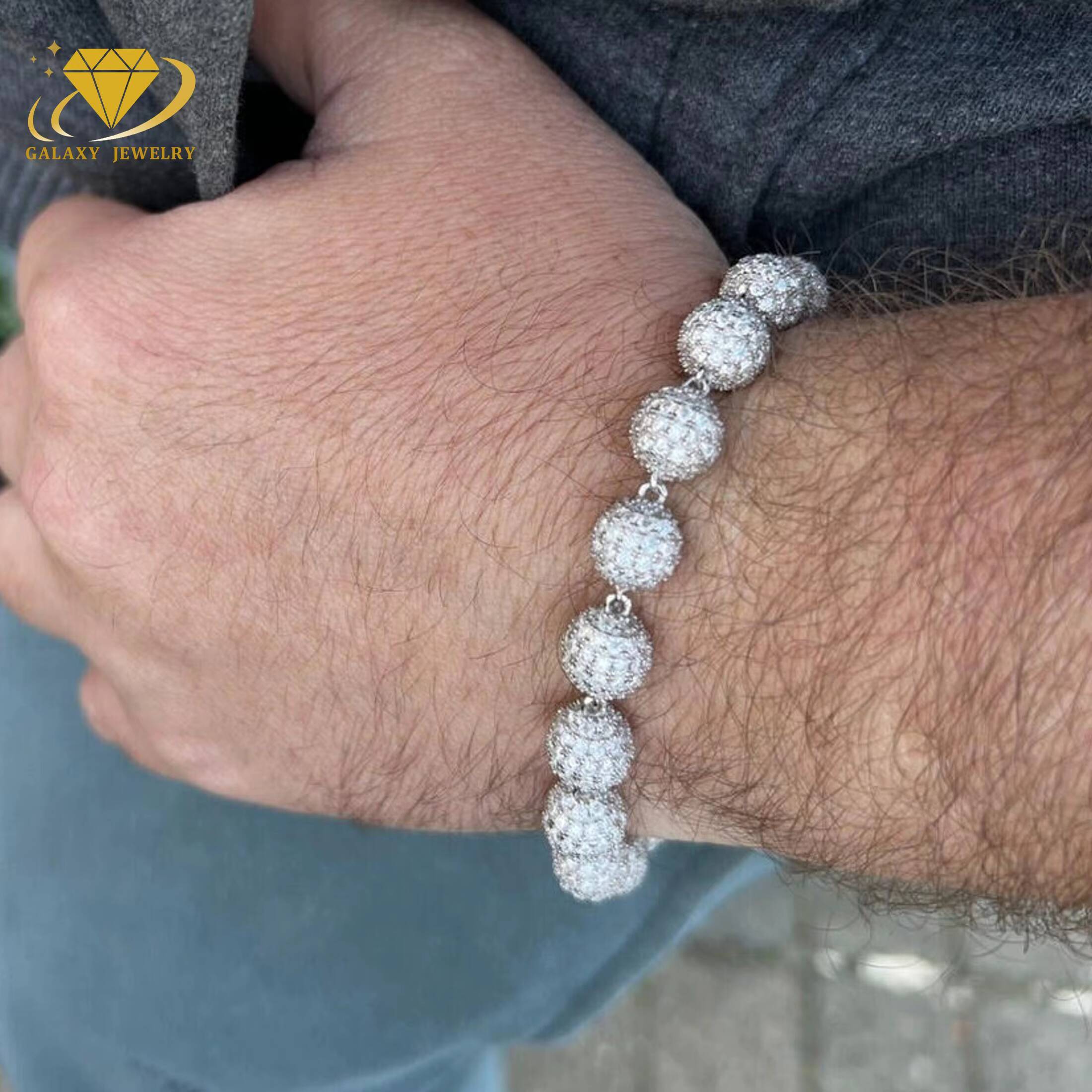 Full Iced Out Round VVS Moissanite Diamond Beads Bracelet Necklace Hip Hop 925 Silver 4mm to 10mm Beaded Cuban Link Chain