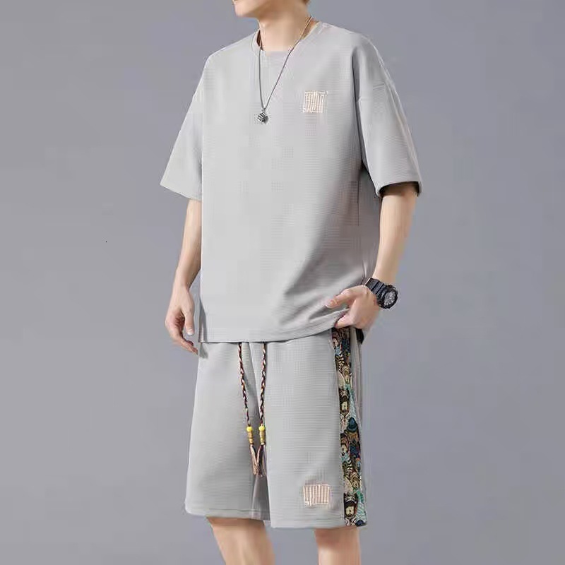National Designer T-shirt Polo Trend Waffle Designer Hoodie Sports Suit For Men Summer Ice Silk Trendy Loose Short Sleeve And Shorts Set For Men