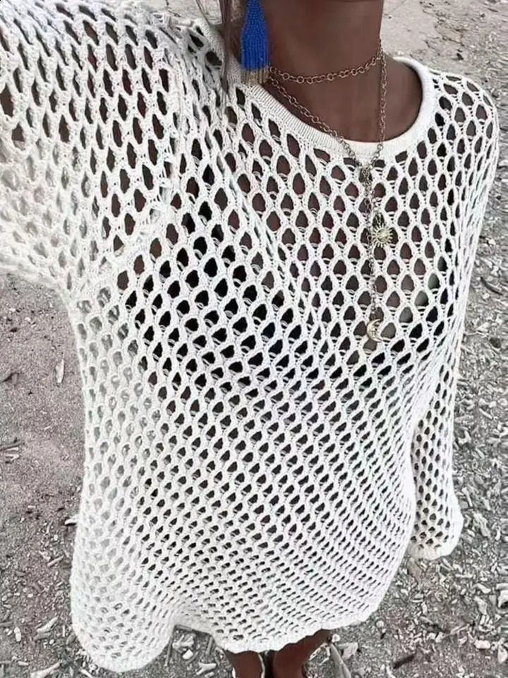 Beach Style Hollow Out Bikini Cover-UpRound Neck Knit Long Sleeve Casual Dress Fitted Plain nPerfect for Summer Holiday 260318