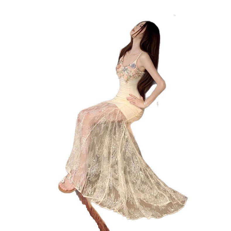 French Style Heavy Floral Lace Mesh Patchwork Strap Dress For Women Summer Beach Designer Dress Vacation Elegant Mermaid Long Dress