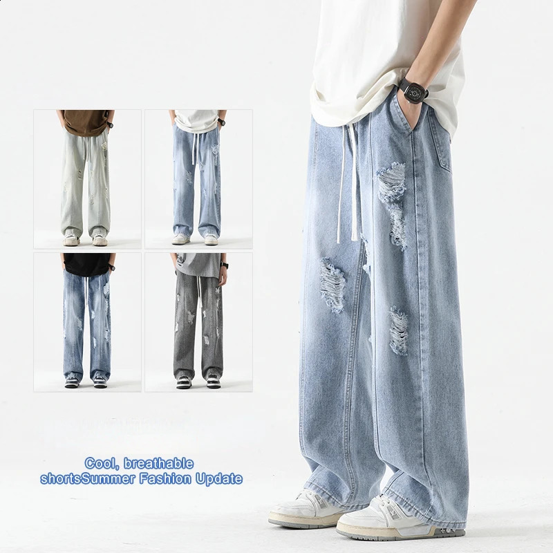 Mens Summer Ripped Jeans Loose Straight Leg Retro Men Draw Rope Port Fashion All-match Casual Pants 260618CJ - view 6