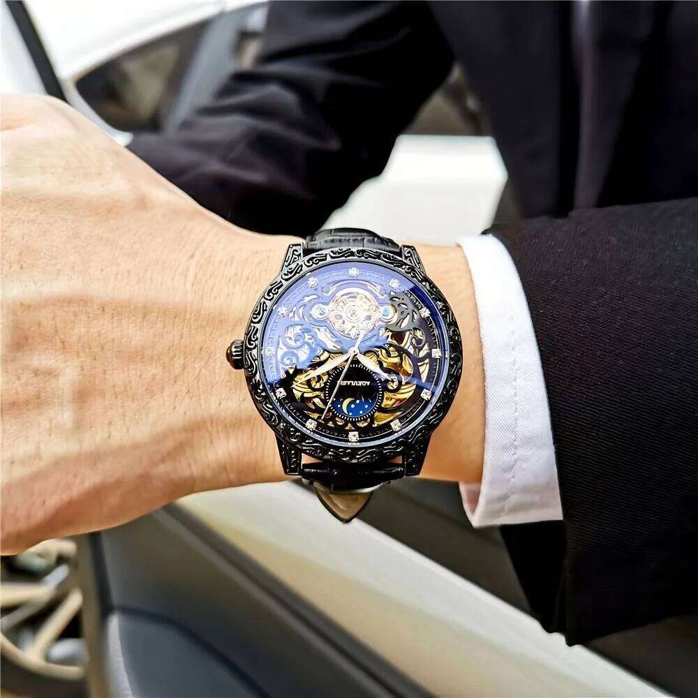 Cool, Popular, Best-Selling Men, Mechanical Watch with Hollow Design, Fashionable, Business Casual, Stylish, High-End, Light Luxury, Engraved Brand-Na