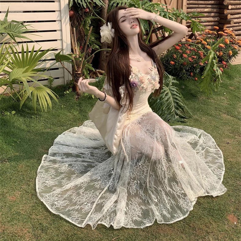French Style Heavy Floral Lace Mesh Patchwork Strap Dress For Women Summer Beach Designer Dress Vacation Elegant Mermaid Long Dress