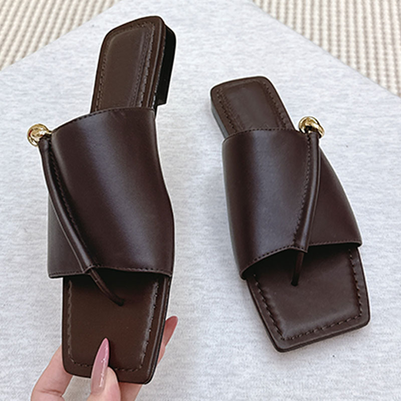 Summer Real Leather Open Toe Flip Flops slippers Slippers ladies Solid Color Flat Bottom Versatile Sandals Outdoor Leisure Vacation Beach Shoes