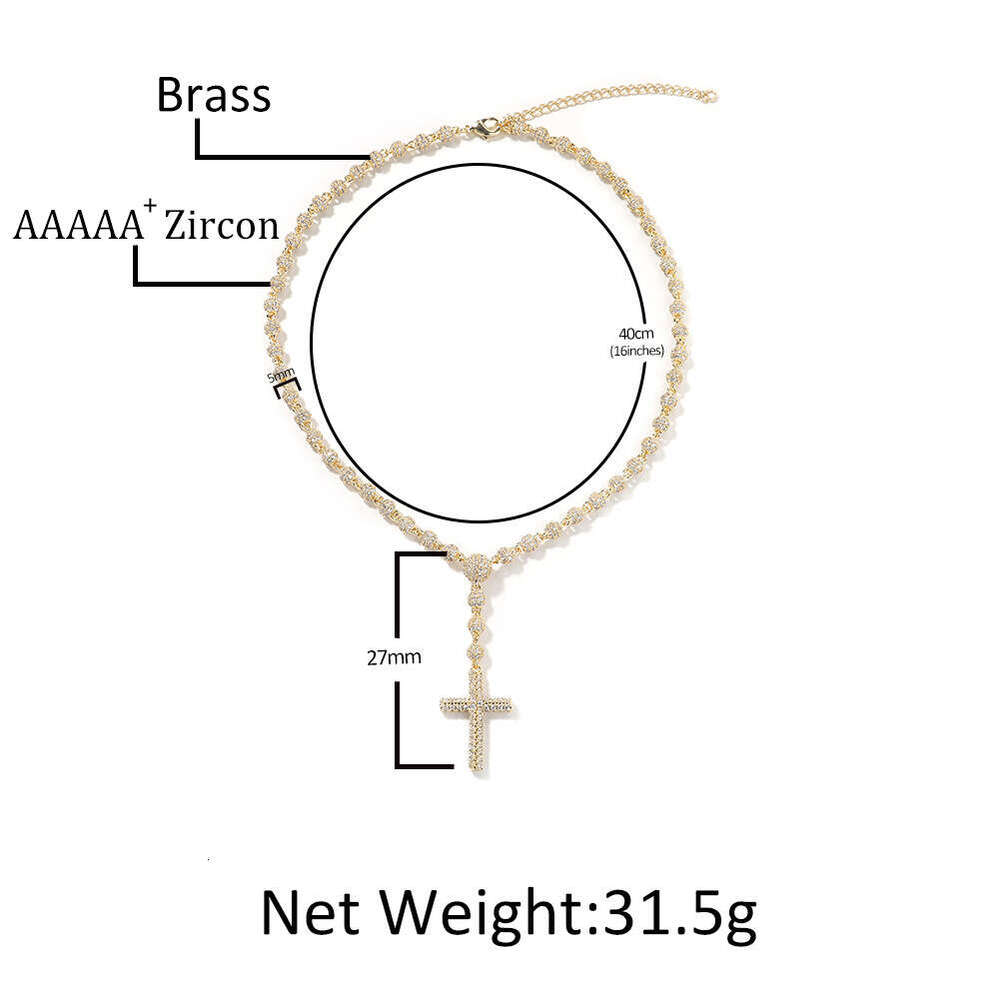 Vintage Moissanite Jewelry New Style 5mm Round Bead Cross Necklace Rosary Collarbone Chain Niche Hip Hop Accessories