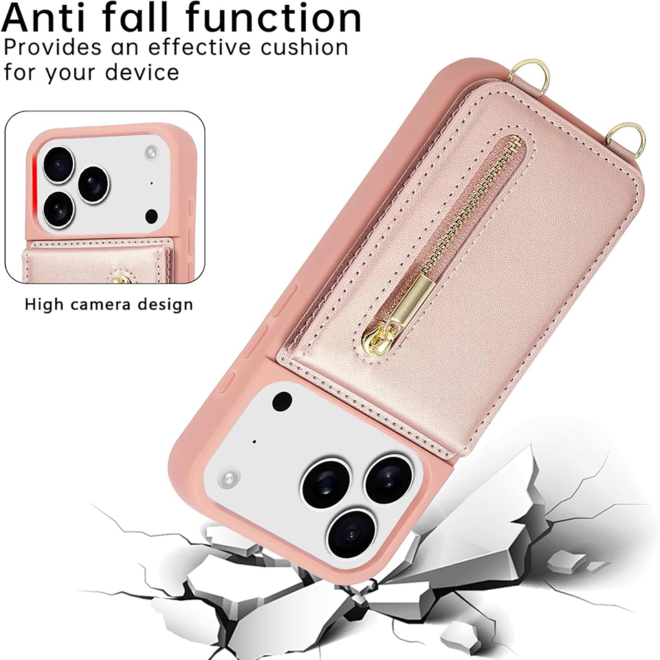 Crossbody Wallet Case for iPhone 17 ProMax with Lanyard Strap Card Slot Holder RFID Blocking Kickstand Magnetic Flip Folio Zipper Purse Case PU Leathe - view 5