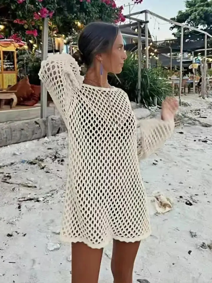 Beach Style Hollow Out Bikini Cover-UpRound Neck Knit Long Sleeve Casual Dress Fitted Plain nPerfect for Summer Holiday 260318