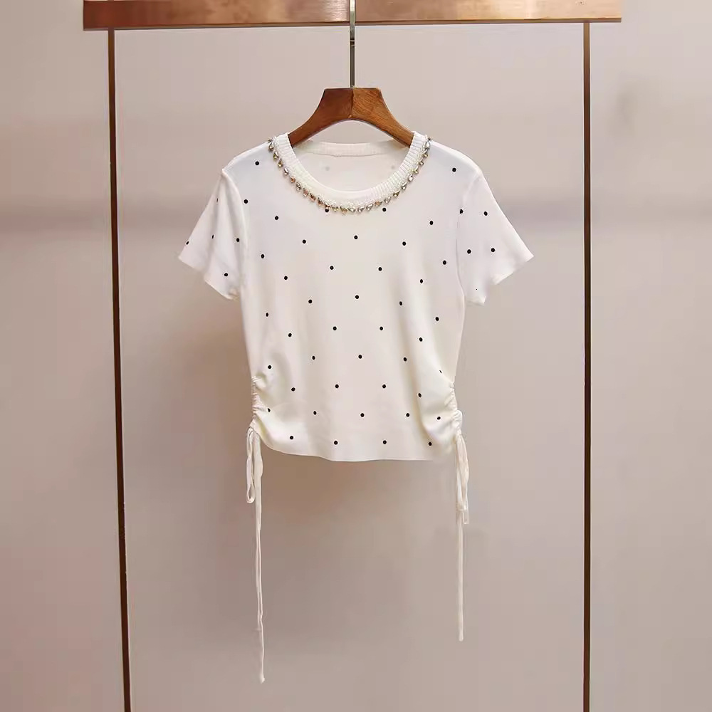 Shenzhen Nanyou High-end Women's Fashion Light Luxury French Versatile Heavy Designer T-shirt Embellished Polo Designer Hoodie Diamond Polka Sweater T-shirt