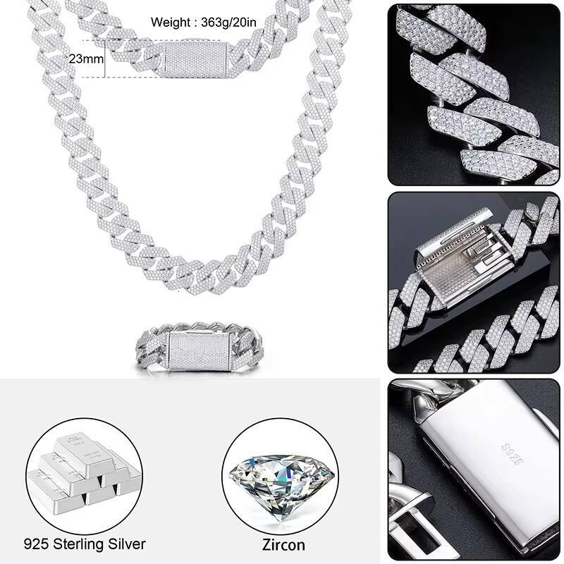 Fully Iced Out Moissanite Cuban Hip Hop Chain Bracelet For Men 23mm Solid 925 Sterling Silver Unisex Jewelry Gift