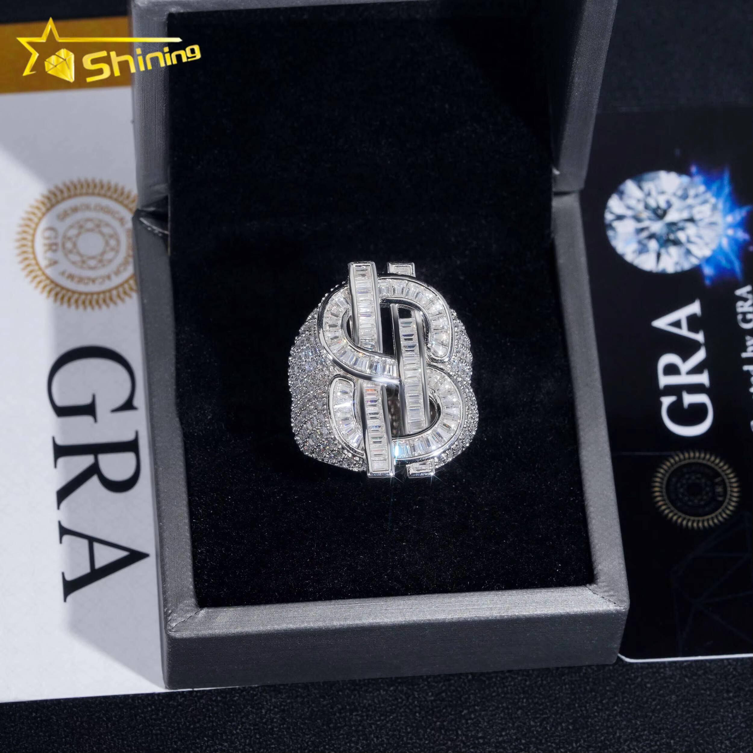 High Quality Luxury Baguette Dollar Sign 925 Silver Hip Hop Men Custom Moissanite Diamond Ring