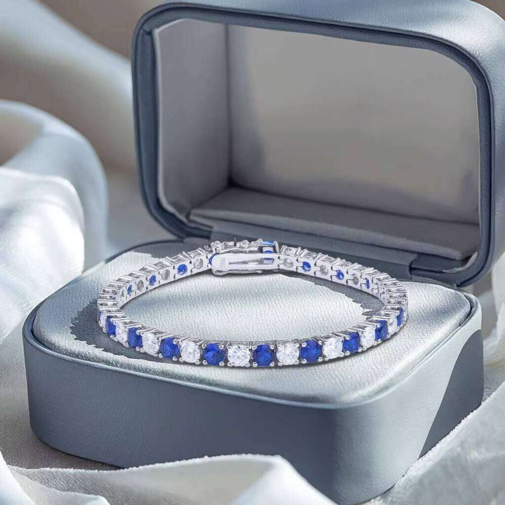 Premium Jewelry Men's 925 Sterling Silver Tennis Chain Bracelet Rhodium Plated Round Nano Sapphire Blue Moissanite