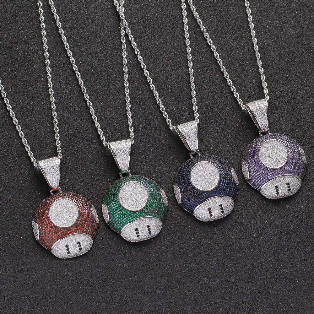 Mushroom Pendant Luxury Jewelry Hip Hop with Silver Inlaid Moissanite Unique and Quirky emojiQ Cute Plant Cartoon Necklace