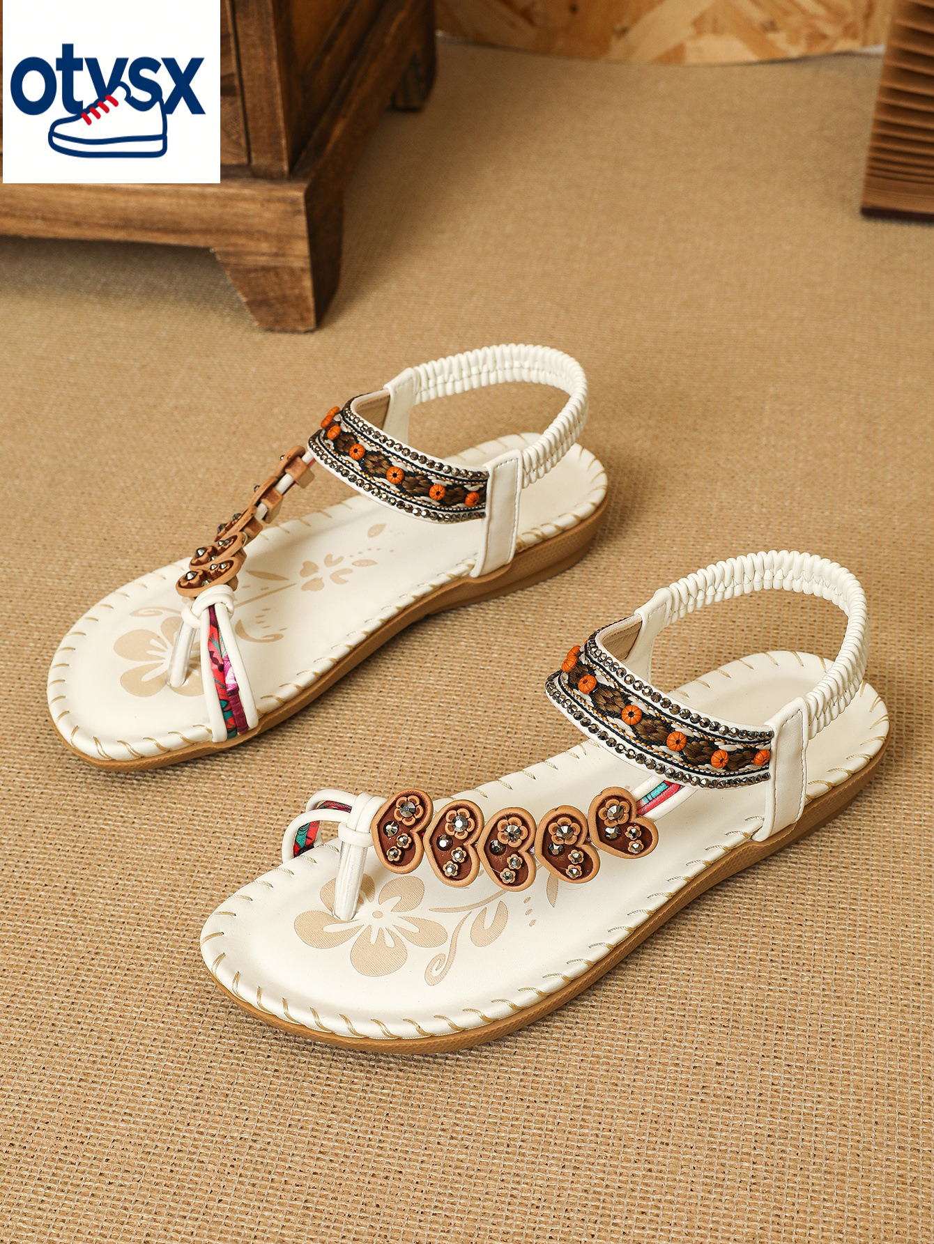 2026 New Ethnic Style Women's Shoes Summer Fashion Beach Flat Sandals Beaded Diamond Headstock Shoes Casual Shoes