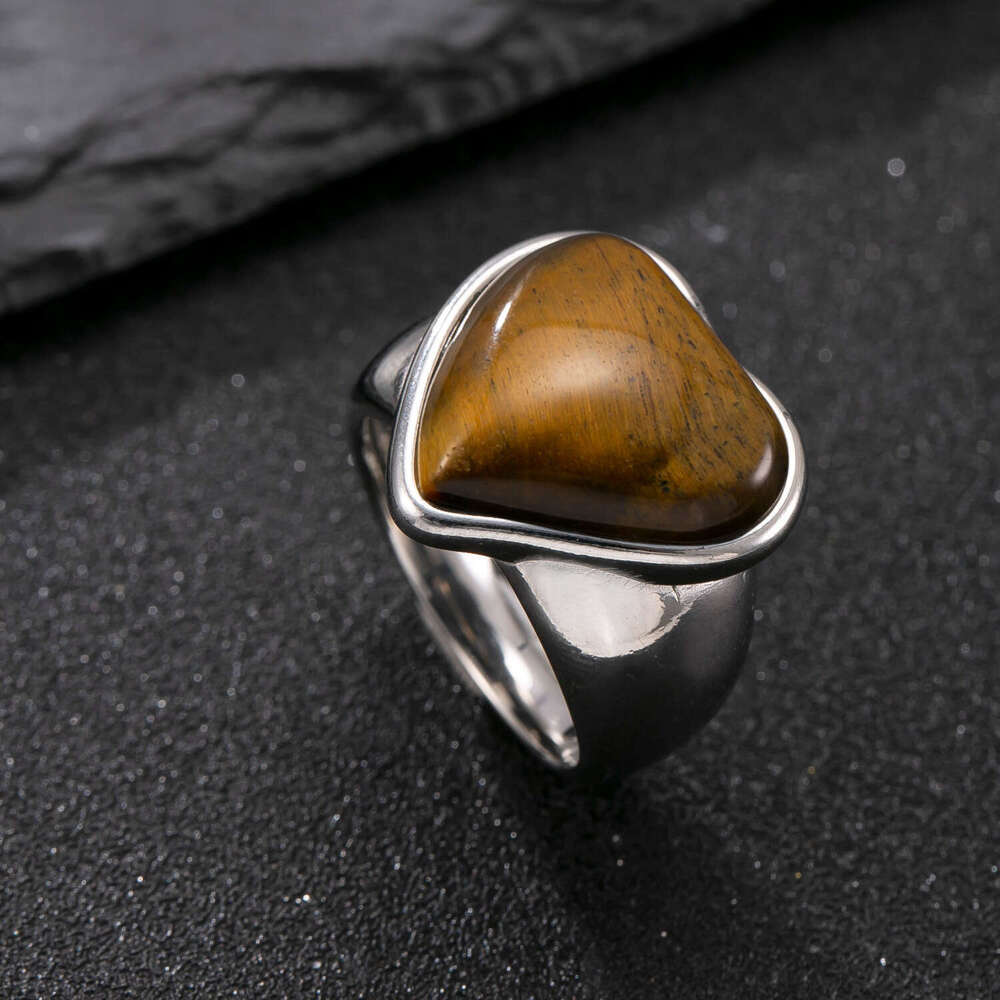popular men's cast geometric tiger eye stone ring vintage high-end 925 Sterling Silver 18K Gold hand jewelry manufacturer