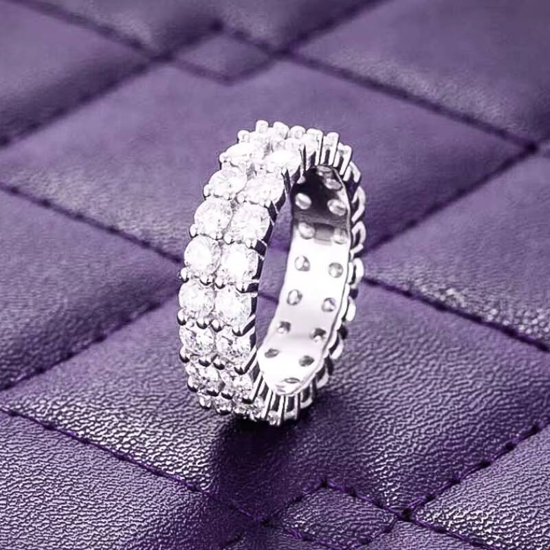 Hip Hop GRA D Color Bling 2 Rows Moissanite Iced Out Mens Band Ring With 925 Sterling Silver Pass Diamond Tester Wedding Ring