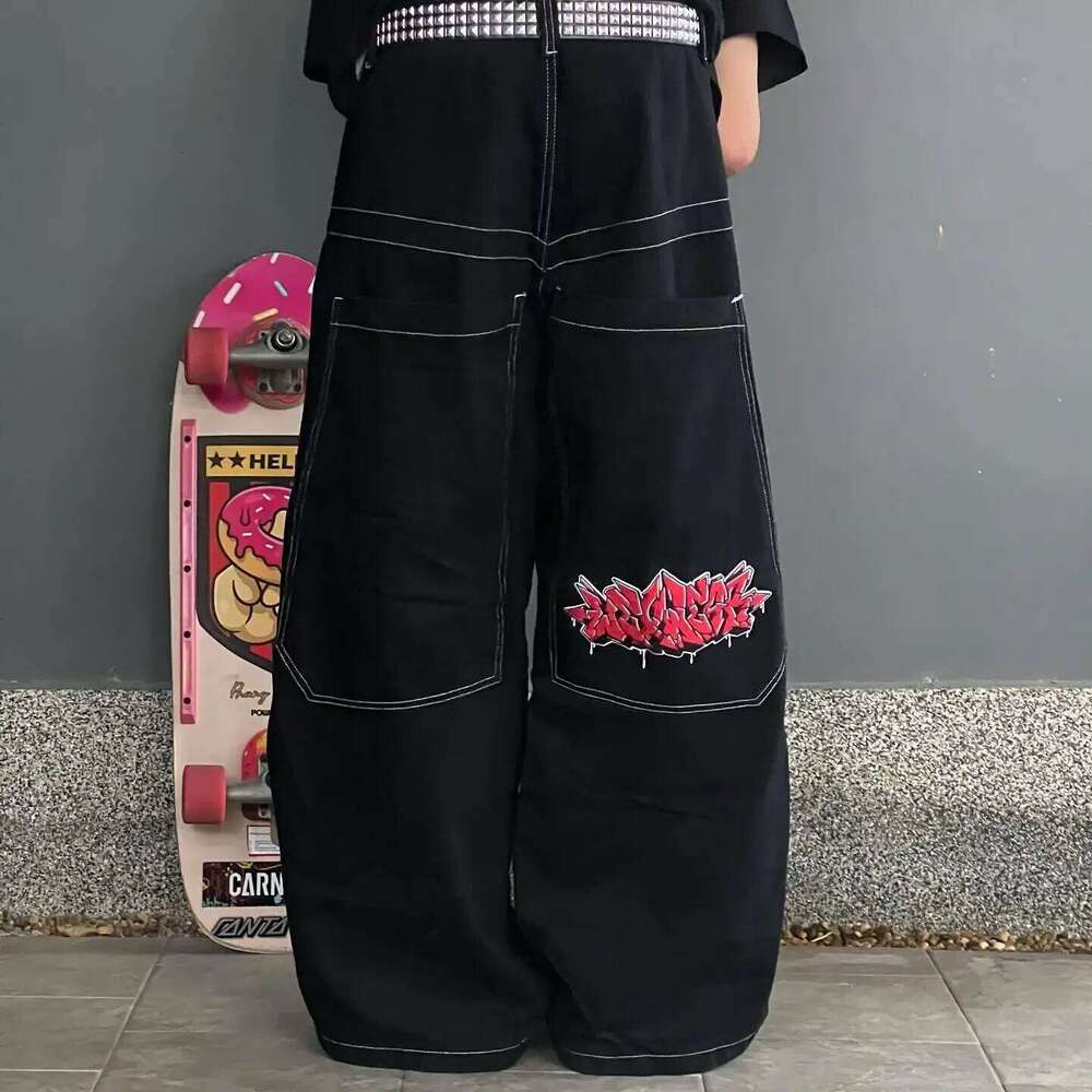 FeiFan Uniform Graphic Embroidered Y2K Jeans tracksuit t shirt for men Streetwear Harajuku Black Skateboard Pants Men's short sleeve men's s