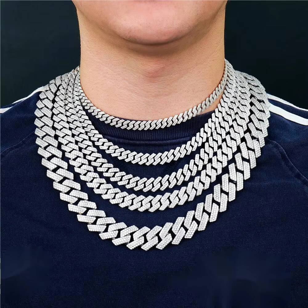 Hot Sale Hip Hop Style Iced Out 20mm Mosaic Set 925 Silver Moissanite Cuban Link Chain Necklace