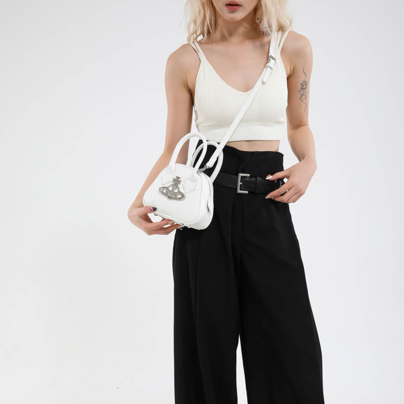 Designer, Luxury Empress Saturn Handheld Bowling Bag Litchi Texture Large Capacity Shoulder Crossbody Bag Simple Punk Style Women's Bag