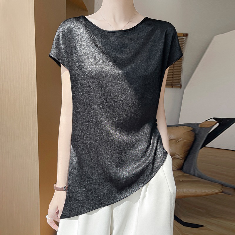 Exquisitely Designed Women's Polo Top High-end And Delicate Faux Silk Designer Hoodie Acetate Satin Designer T-shirt Short-sleeve T-shirt French Style Irregular