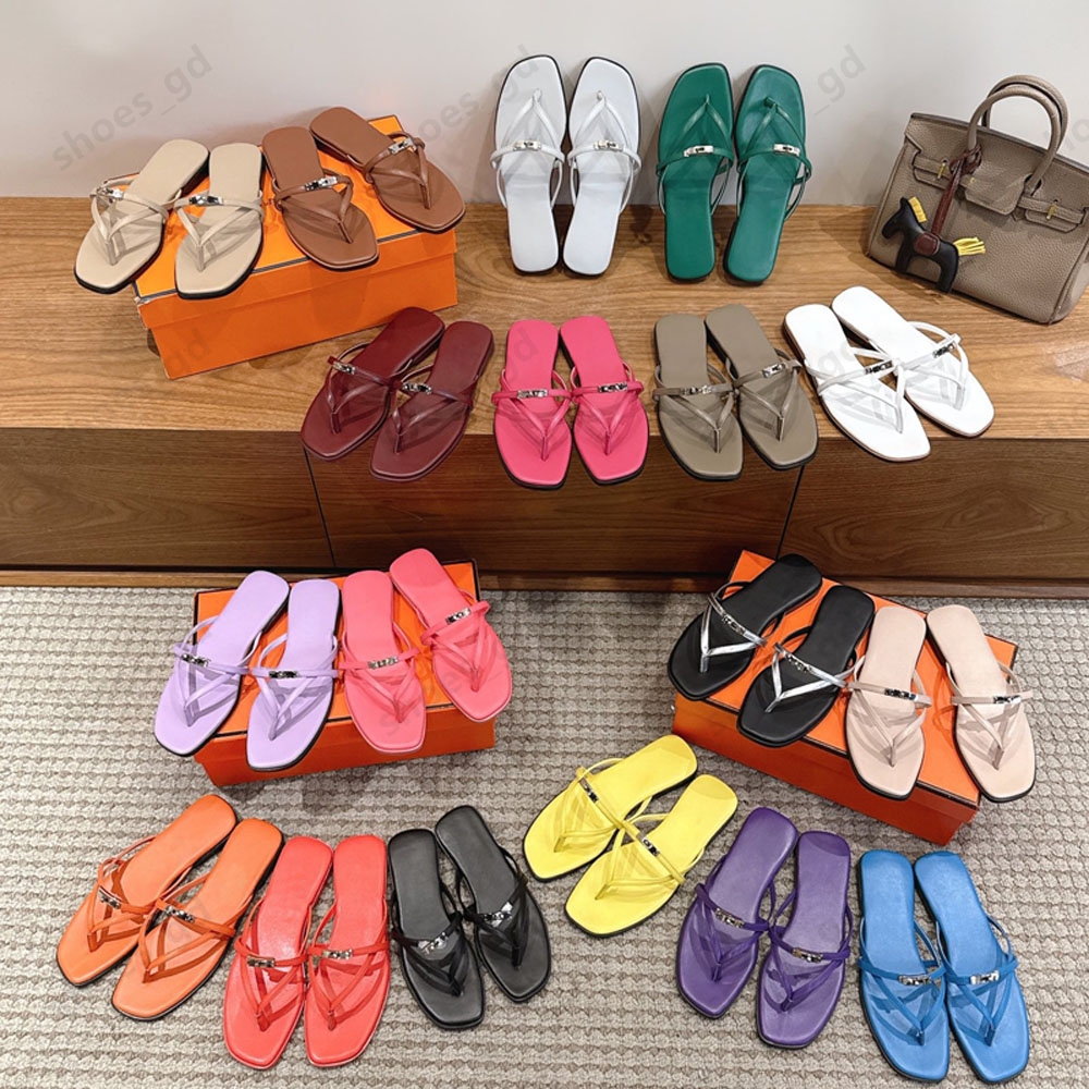 summer new style buckle real Leather women's flip-flops Flat heel Slippers Beach Sandals Luxury designer Slides for womens Walking shoes vacation shoes 34-43