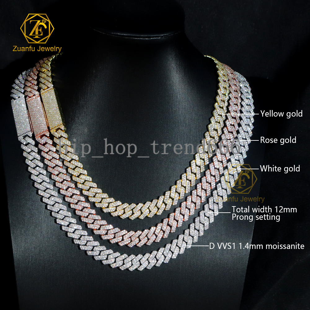 Hip Hop Cuban Chain Necklace Real Pure 925 Silver 8mm 10mm 12mm Moissanite Diamond Cuban Link Chain