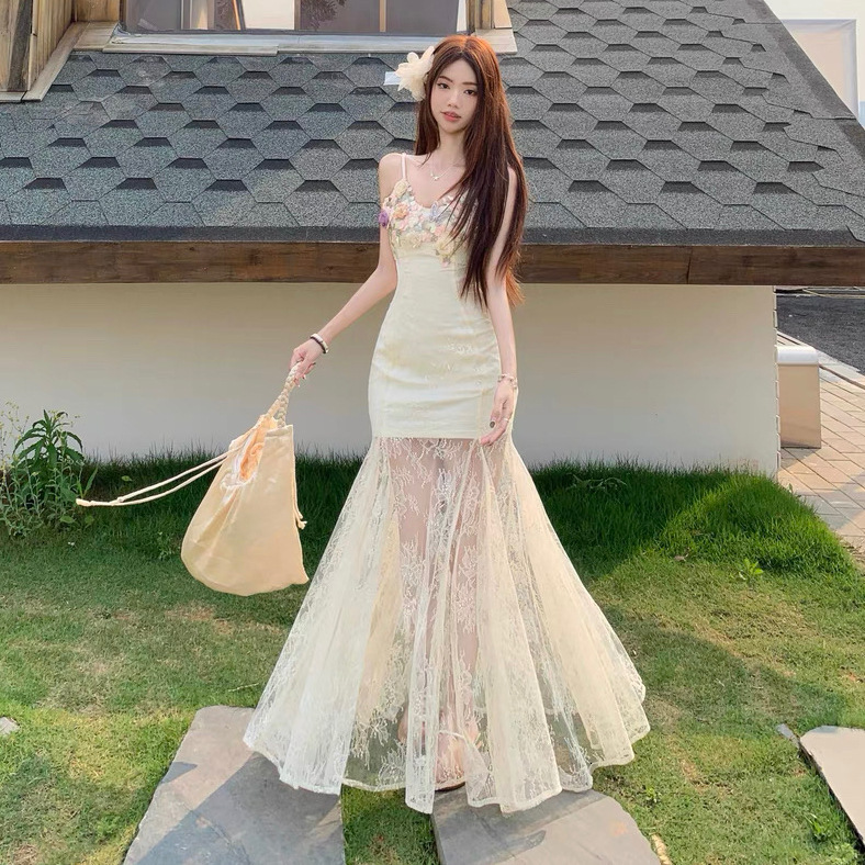 French Style Heavy Floral Lace Mesh Patchwork Strap Dress For Women Summer Beach Designer Dress Vacation Elegant Mermaid Long Dress