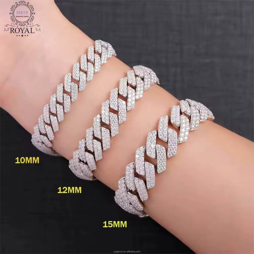 Mossanite Fine Jewelry 2-Row Cuban Bracelet 8-15mm S925 Silver VVS Lab Diamond Great Gift Idea for Parties White Gold