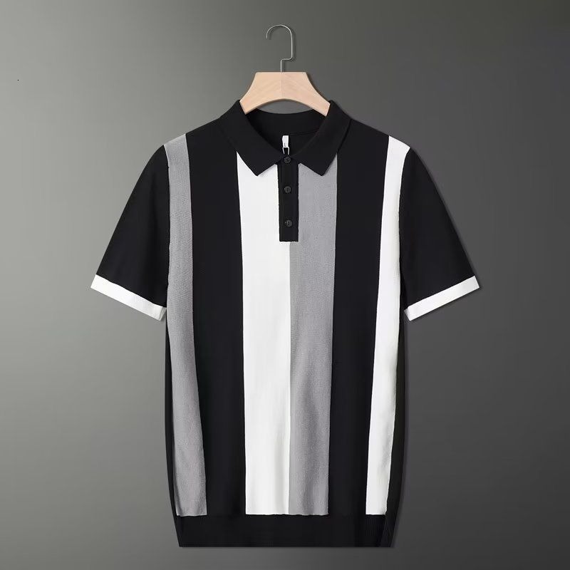 Summer New Ice Silk Striped Turn-down Collar Short Designer Designer Polo Hoodie T-shirt Sleeve Knitted Shirt Men's Fashion Youth Trendy Versatile Casual Top Trend