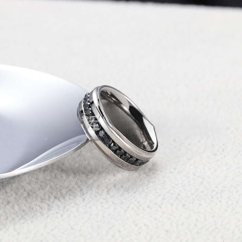 pure titanium ring black Moissanite 7mm wide index finger ring fine band fully encrusted with diamonds niche high-end light luxury